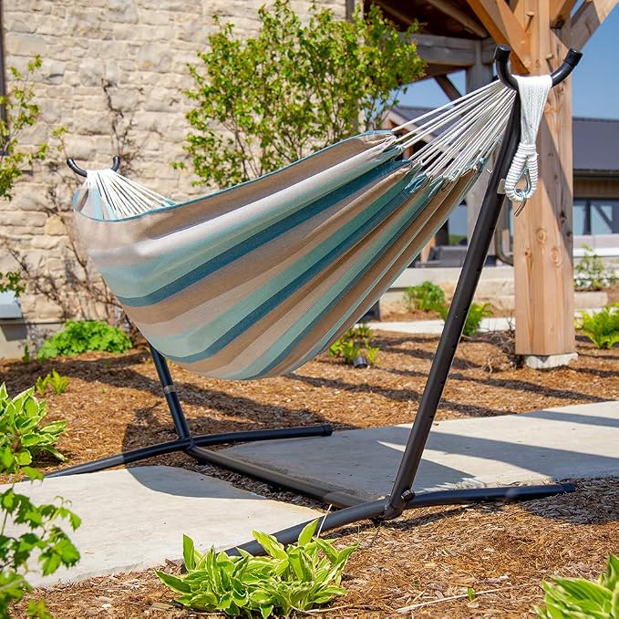 Vivere Double Hammock and Stand Combo – Durable, Comfortable, 450 lb Capacity, Heavy Duty Steel Stand, Tool-Free Assembly, Includes Carry Bag, Gateway Mist