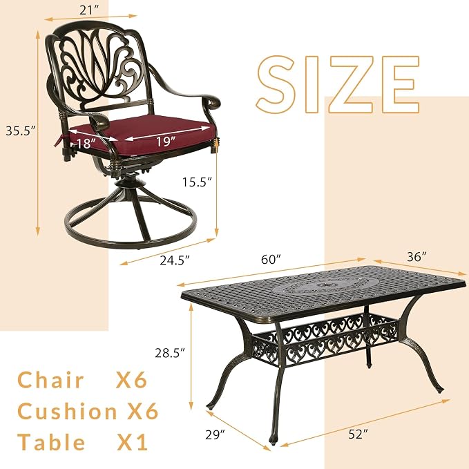 7-Piece Outdoor Patio Dining Set, 60” Rectangular Cast Aluminum Dining Table with Umbrella Hole and 6 Cushioned Swivel Rocker Chairs, Patio Funiture Set for Backyard, Patio, Garden, Red