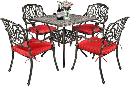 TITIMO 5-Piece Outdoor Patio Dining Set, Cast Aluminum Patio Furniture Set | 4 Pattern Chairs with Red Cushions and 35.4" Square Table, Cast Aluminum Conversation Set for Yard, Garden, Porch, Poolside