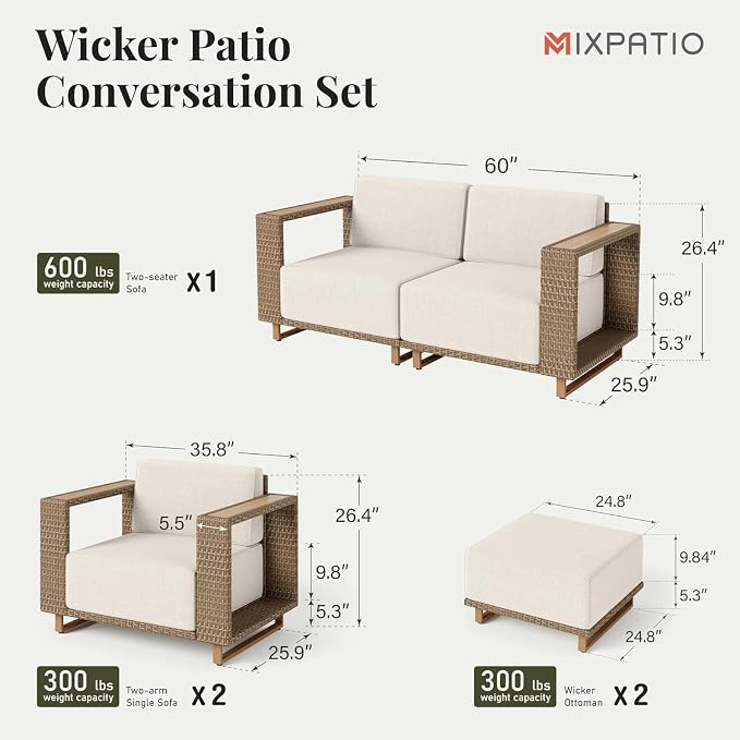 MIXPATIO Patio Furniture Set, 5 Piece Outdoor Wicker Sofa Couch, Deep Seating Yellow Rattan Conversation Sets with 10-inch Thick Cushions, Low Profile Deck Backyard Lawn Furniture