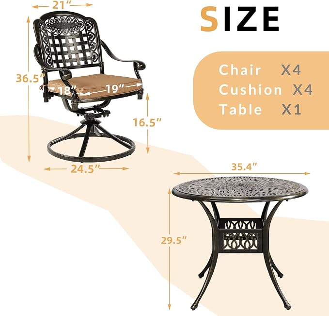 5 Piece Patio Dining Set, Outdoor Table and Chairs Set for 4 Cushioned Swivel Rocking Chairs and 35.4'' Round Table, All-Weather Cast Aluminum Patio Funiture Set, 2'' Umbrella Hole