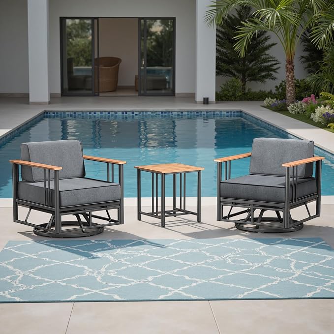 Luxury Patio Swivel Chairs with 6" Extra Thick Cushions, Outdoor Swivel Chairs with Side Table, Outdoor Furniture for Porch, Balcony, Deck, Patio, Yard, Poolside, Black/Grey