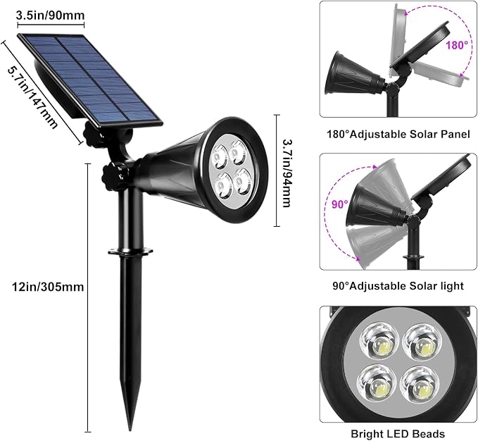 T-SUN Purple Solar Spot Lights Outdoor, Solar Black Lights Outdoor,1 Pack | 4 LEDs, 2 Lighting Modes, IP65 Waterproof Dusk to Dawn Solar Lights for Tree, Patio, Yard, Garden, Driveway, Halloween