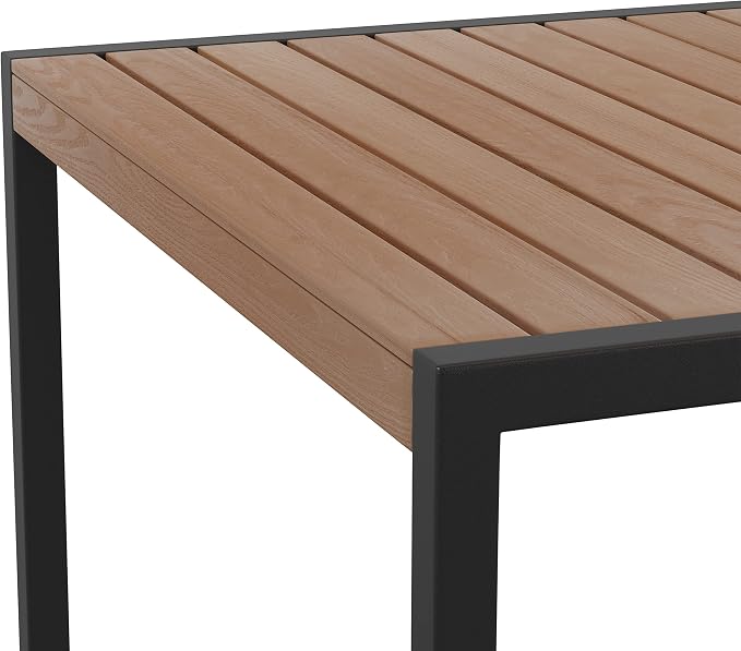 Flash Furniture Lark Outdoor Steel Dining Table with Umbrella Hole - Faux Teak Poly Slatted Top - Commercial Grade Table-Black Frame-30x48 Table Seats up to 4 Adults