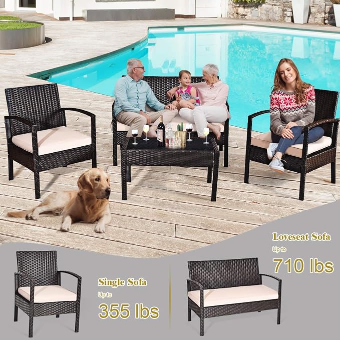 DORTALA 4 Piece Wicker Patio Furniture Set, Outdoor PE Rattan Conversation Set with Loveseat, Chairs & Coffee Table for Backyard Porch Garden Poolside Balcony