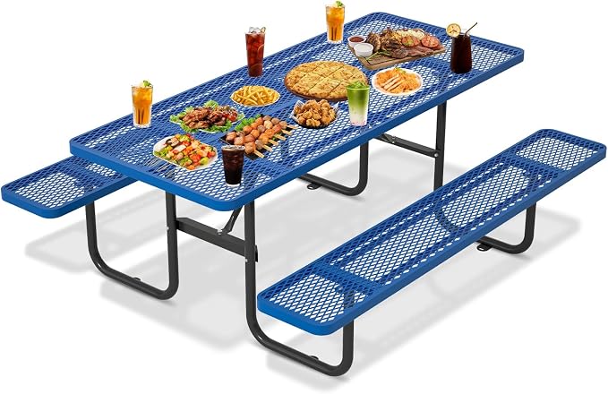 Picnic Tables for Outdoors with Umbrella Hole-Coated Steel Heavy Duty Commercial Grade Table with Seats,Commercial Metal Picnic Tables,Heavy Rectangular Furniture Set for a Lifetime (Blue)