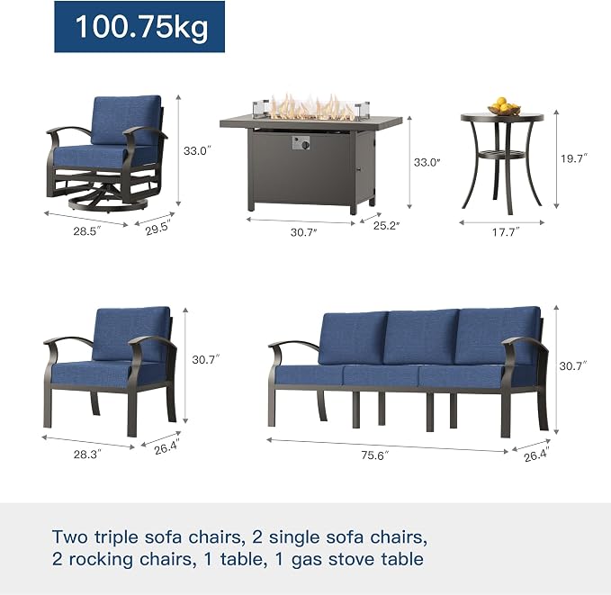 Kullavik Aluminum Patio Furniture Set,8 Piece Modern Metal Outdoor Patio Furniture w/5.1'' Thick Cushion,Swivel Chairs and 45" Propane Fire Pit Table,Patio Conversation Sets for Porch,Deck,NavyBlue