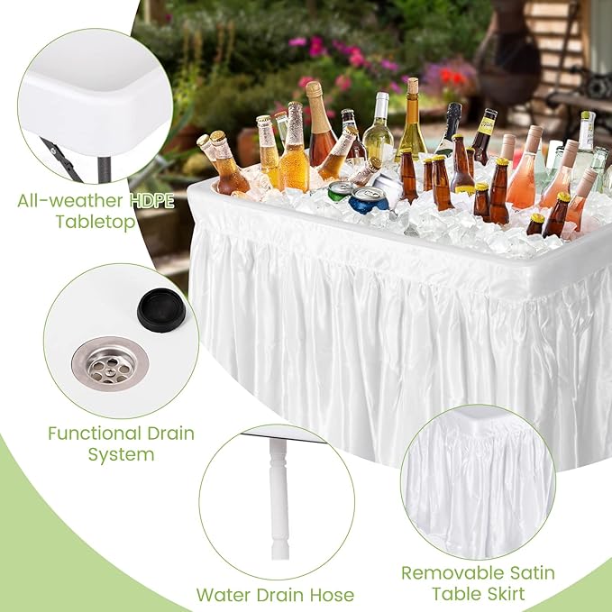 Folding Ice Cooler Table with Drain & Removable Matching Skirt, No Assembly Outdoor Cooler Side Tables, Beverage Fill and Chill Tables, Portable Ice Table for Party BBQ Camping Wedding