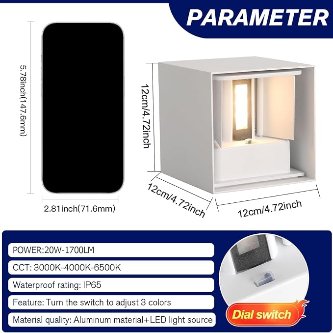 20W 3CCT Adjustable Up and Down LED Wall Sconce 2 Pack | White IP65 waterproof ETL certified 1300LM Exterior/Interior Lighting Fixtures for porches & patios