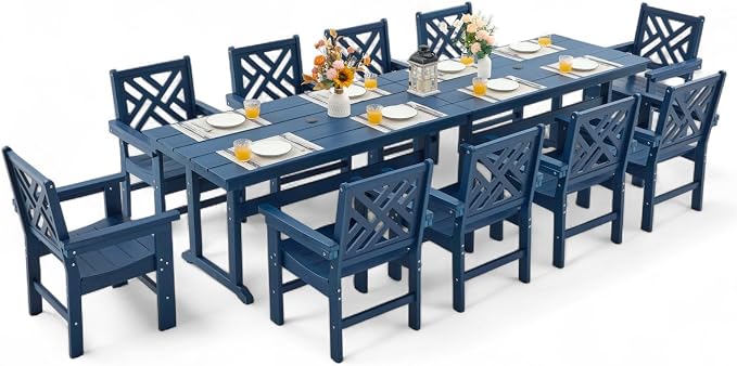 12 Piece HDPE Outdoor Dining Set for 10, Patio HDPE Furniture Set with 2 Table and Umbrella Hole, Outdoor Table and Chairs for Garden, Poolside, Backyard, Deck