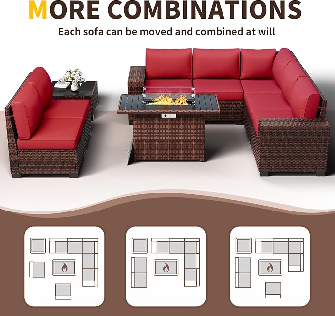 Patio Furniture with Fire Pit Table,8‘’ Wide armrest Outdoor Sectional Rattan Sofa Set, Wicker Patio Furniture Sets w/Coffee Table,Thick Cushions and Cover for Porch, Deck, 9 PC(Brown&Wine)