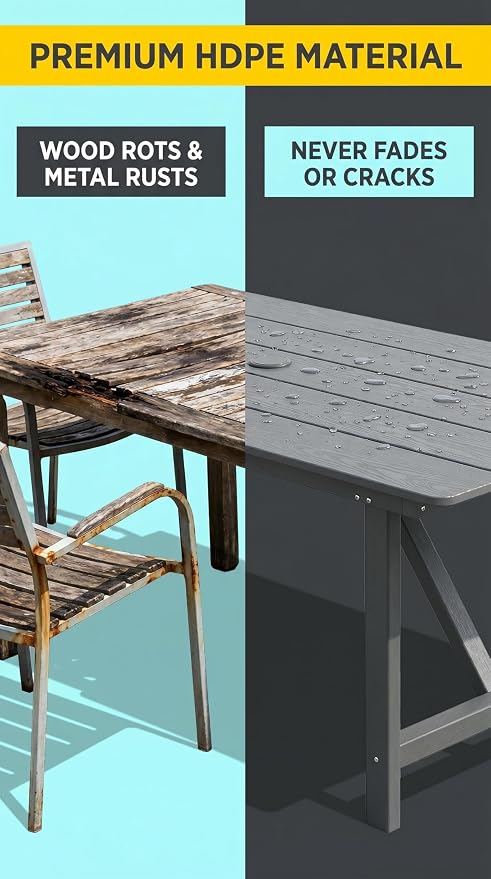 Amopatio HDPE Patio Outdoor Dining Table for 6 All Weather 67'' Rectangular Table with Umbrella Hole for Porch Deck Garden Backyard Poolside