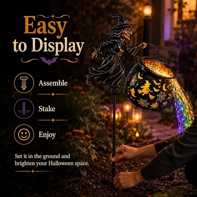 Halloween Witch Cauldron Garden Light,Colorful Flowing Waterfall LED Stake with Flying Witch Projector for Outdoor Yard Lawn Patio Pathway Decor