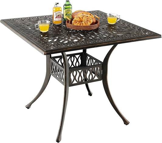 Giantex Patio Dining Table, Cast Aluminum Outdoor Table for 4 Persons, Heavy-Duty Structure, Adjustable Footpads, All-Weather Square Umbrella Table with Hole, 35.4" Lx35.4 Wx29.5 H