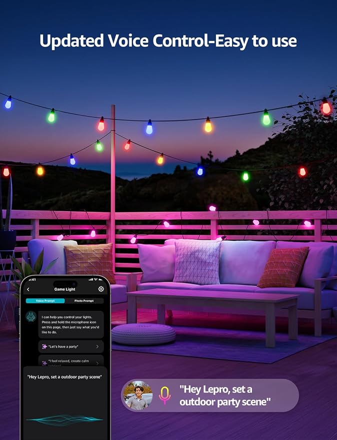 Lepro ZB1 AI Smart Outdoor String Lights APP Control, 100(88+12) ft RGB+IC+Warm White Outdoor Light 30 LED Bulbs, NOT Extendable, Alexa Google Enabled, Music Sync, NO Remote, 2.4 GHz WiFi+Bluetooth
