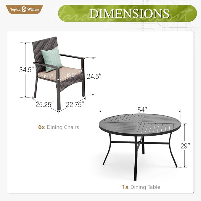 Sophia & William 7-Piece Patio Dining Set, Round Table, PE Wicker Chairs | All Weather Patio Table and Chairs Set for 6, Perfect for backyard, deck, porch