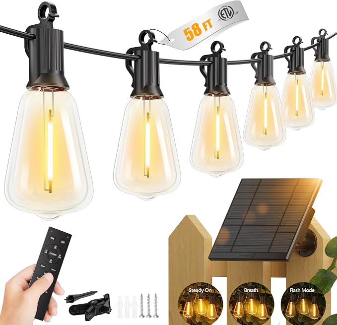 Brightown 58FT Solar String Lights Outdoor, 25+1 Shatterproof LED Lights | Waterproof, Remote Control, Dimmable, Timer, 3 Light Modes, Commercial Grade Patio Lights for Garden, Backyard, Party Decor