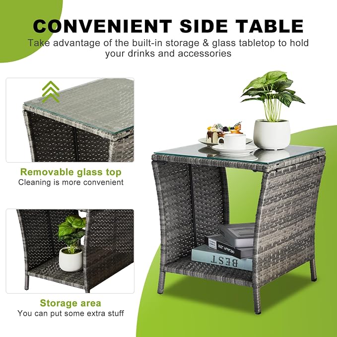 Outvita Outdoor Side Table, Rattan Coffee Table Small End Table with Glass Top Storage for Patio Porch Backyard Balcony
