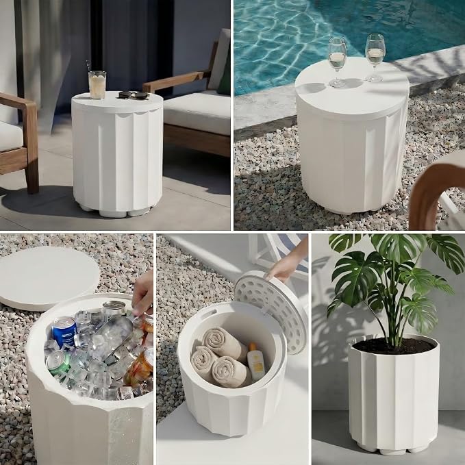 Outdoor Cooler Side Table, 2-in-1 Versatile Ice Cooler Table, Broad Fluted Outdoor Accent Table with Hangable Lid, All-Weather Resistant for Patio Decor, Deck, BBQ, Beach, White