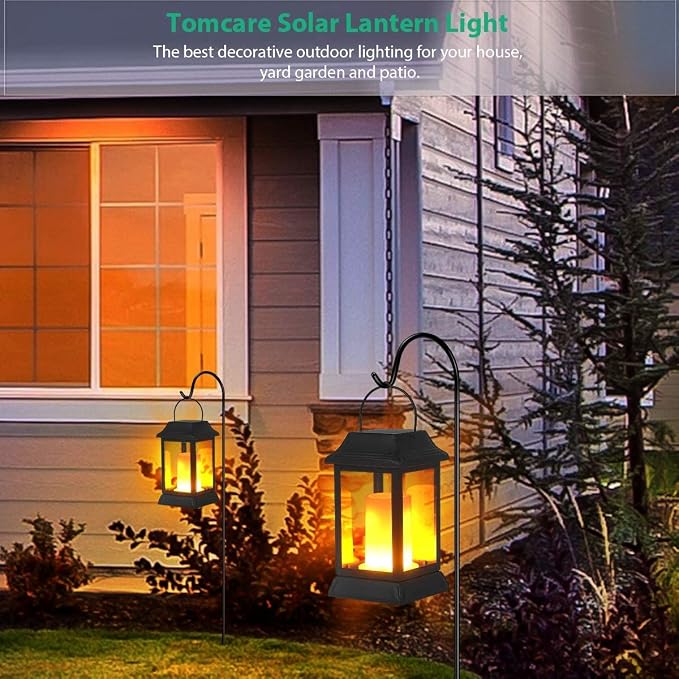 TomCare Flickering Flame Solar Lights Outdoor Metal Hanging Lantern, 2 Pack | Realistic Flame Effect, Charges in 6-8 Hours, 10-12-Hour Runtime, IP65 Waterproof, Auto On/Off for Patio, Garden and Porch