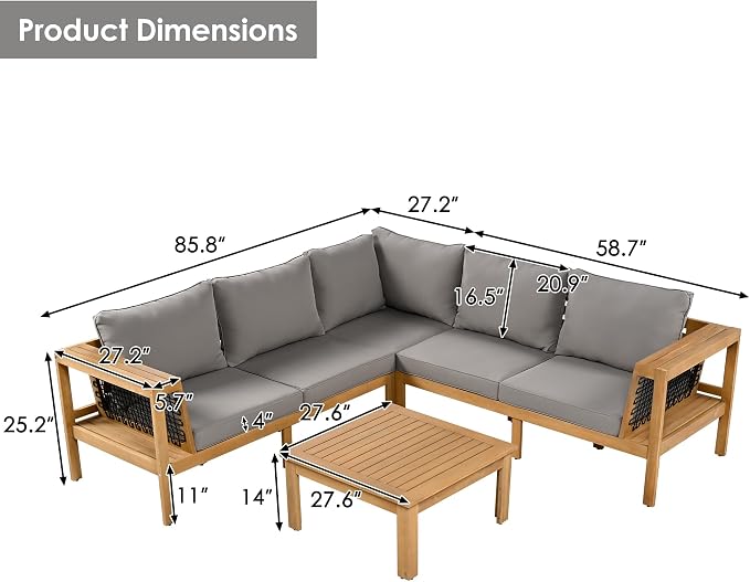VilroCaz Acacia Wood Patio Sectional Sofa Set, All-Weather Outdoor Conversation Set with Coffee Table and Woven Mesh Armrests, Corner Design Patio Set with Cushions and Side Table (Gray Cushions)