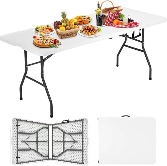 Dopinmin Folding Table 6FT Portable Heavy Duty Plastic Camping Table Foldable Tables Plastic Dining Tables Indoor Outdoor for Camping, Picnic and Party, White