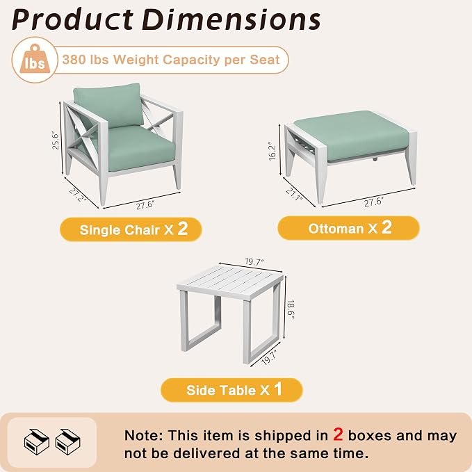 2-Seat Aluminum Patio Furniture Set with Ottomans & Coffee Table, Oversized Outdoor Conversation Set, Weather-Resistant for Backyard, Deck, Balcony – White