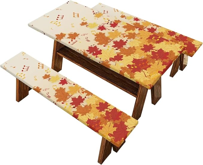 Maple Leaf Picnic Table Cover with Bench Covers Autumn Outdoor Camping Tablecloth Water and Oil Repellent Elastic Waterproof Picnic Table Cover 3 Piece Set for 6 Foot Tables