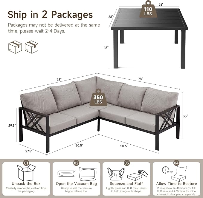 Patio Furniture Set, 6-piece Metal Sectional Furniture Sofa with Coffee Table, L Shaped Outdoor Couch with Olefin Cushion, Highback Frame, Outdoor Patio Conversation Sets for Balcony Backyard, Grey
