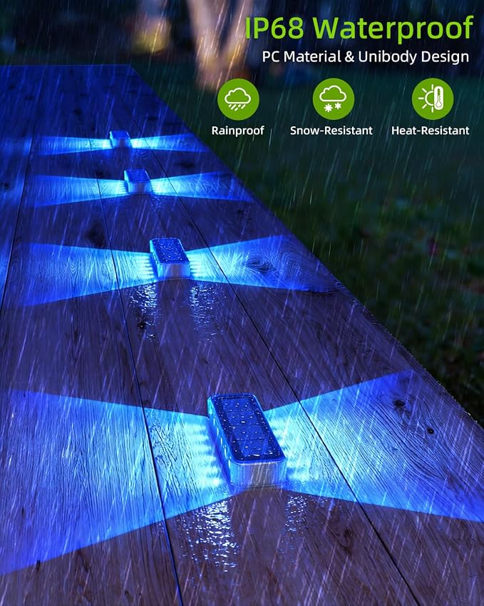 DetarZinLED Blue Solar Step Lights, 12 LEDs 2-Sided Glow, IP68, 4 Pack | IP68 Waterproof, Solar Powered, Auto ON/OFF, Stick on, Sturdy Polycarbonate Shell, for Outdoor Dock, Deck, Flat, Stair, Porch