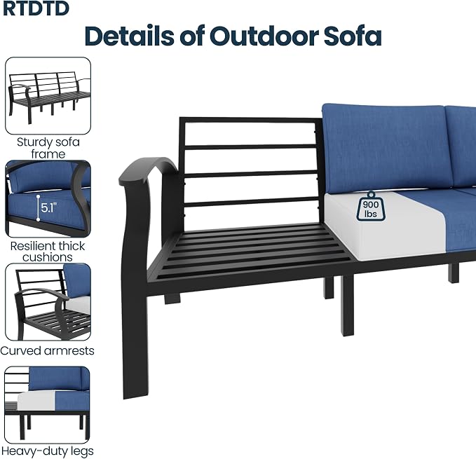 Aluminum Outdoor Patio Furniture Set,6 Pieces 5 Seats Metal Patio Sectional Furniture Set with 45" Propane Fire Pit Table,Patio Conversation Sets with 2 Ottomans,Navy Blue