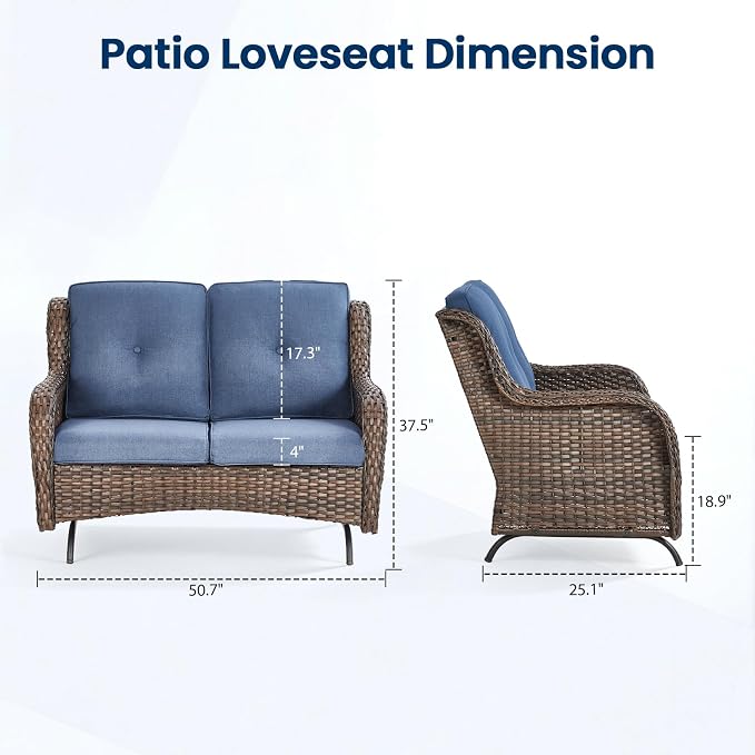 Patio Loveseat Sofa, Outdoor Wicker Loveseat with Luxury Thick Cushion, All-Weather Patio Furniture Set, Outdoor Glider Bench for Garden Balcony Backyard(Brown Wicker/Blue Cushion)