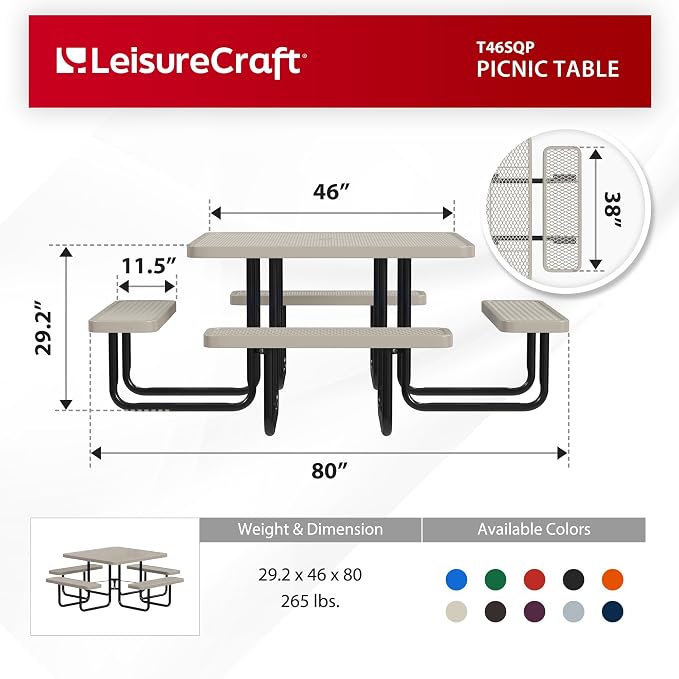 Leisure Craft Metal Picnic Table with Bench - 46" Square Outdoor Dining Table for 8 with Umbrella Hole, Weatherproof Heavy Duty Thermoplastic Coating, Commercial Grade Furniture Made in USA - Beige