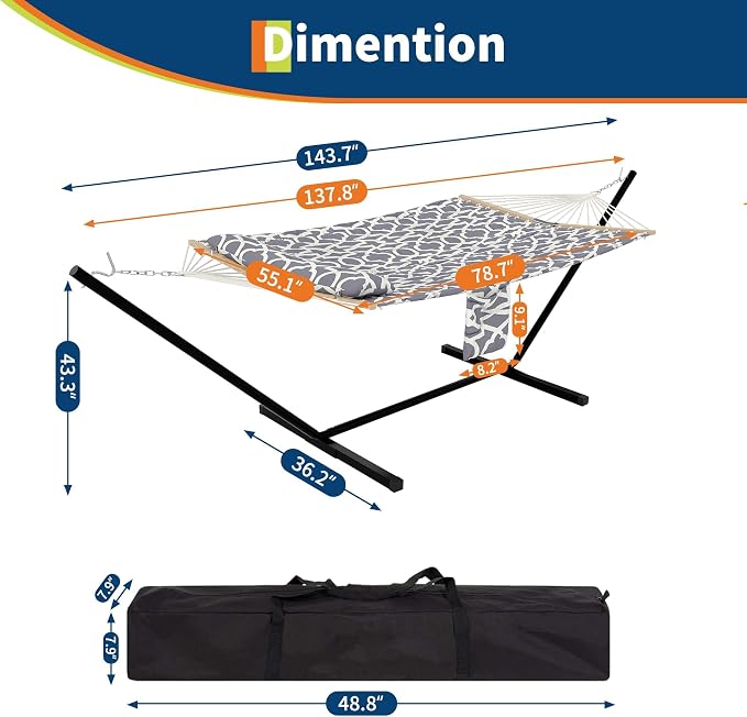 12FT Hammock with Stand for Outside,Heavy Duty Hammock Stand and Cotton Polyester Fabric,450lbs Capacity,Carrying Bag,2 Person Hammocks for Patio,Garden,Backyard,Camping, or Beach,Light Grey