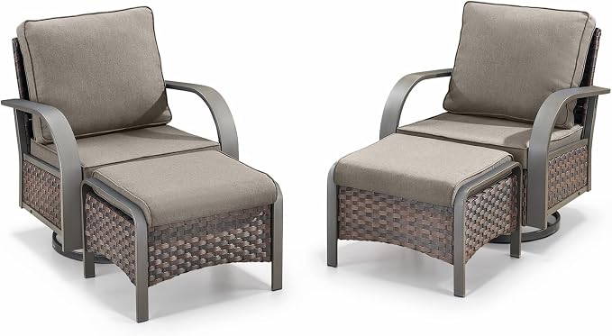 Belord 4 Pieces Patio Furniture Sets - Swivel Rocker Outdoor Chairs with Ottomans, All Weather Wicker Swivel Furniture Glider Seating Set for Porch Deck Sunroom Backyard