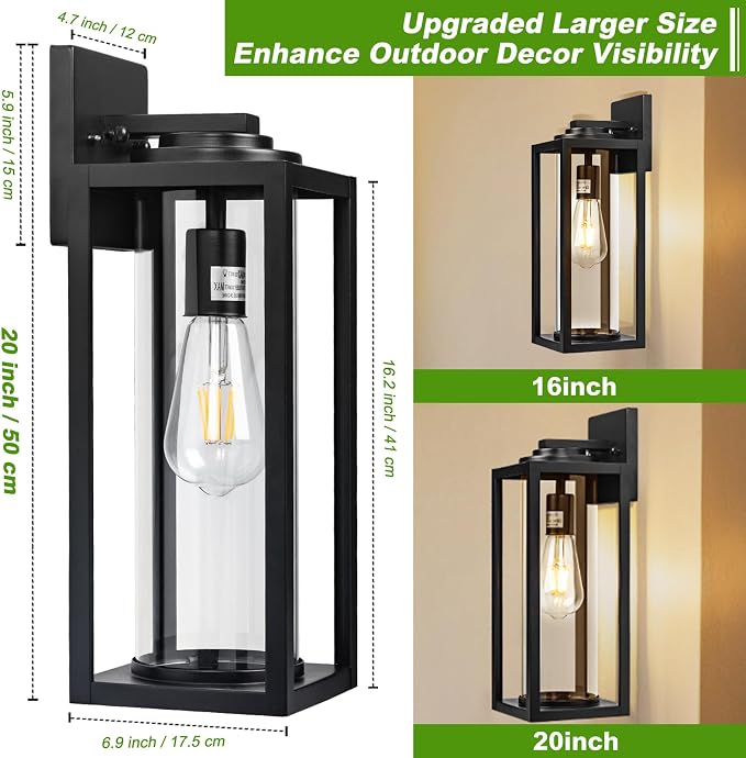 FILIYANO Large Outdoor Wall Lights, 20 Inch,Modern Exterior Fixtures,2 Pack | Anti-Rust, Waterproof, Black Exterior Lantern with Clear Glass, Farmhouse Wall Lighting Sconces for Garage, Porch, Front Door