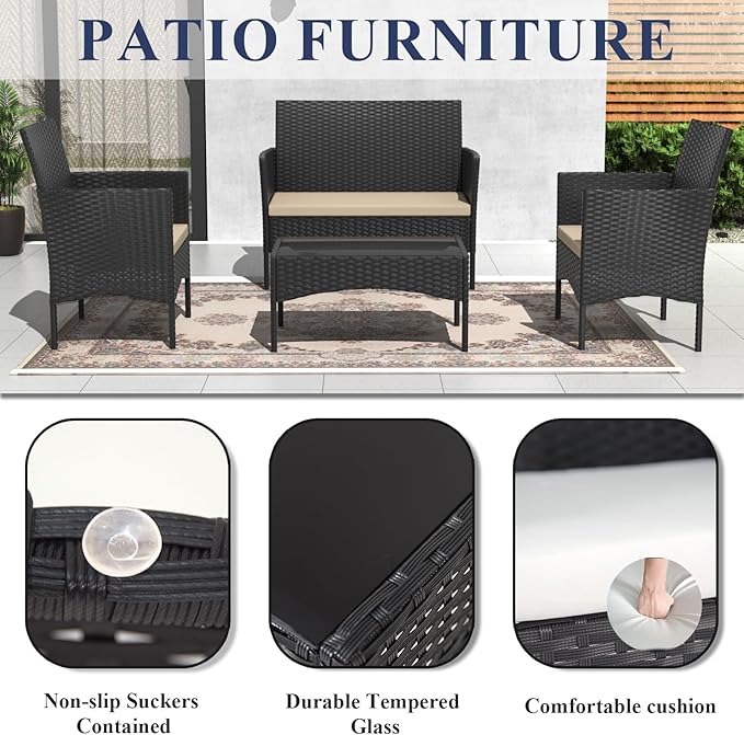 ALAULM Outdoor Patio Furniture Set, 4 Pieces Patio Conversation Set Wicker Chairs with Glass Table and Soft Cushion for Porch,Backyard, Poolside (Sand)