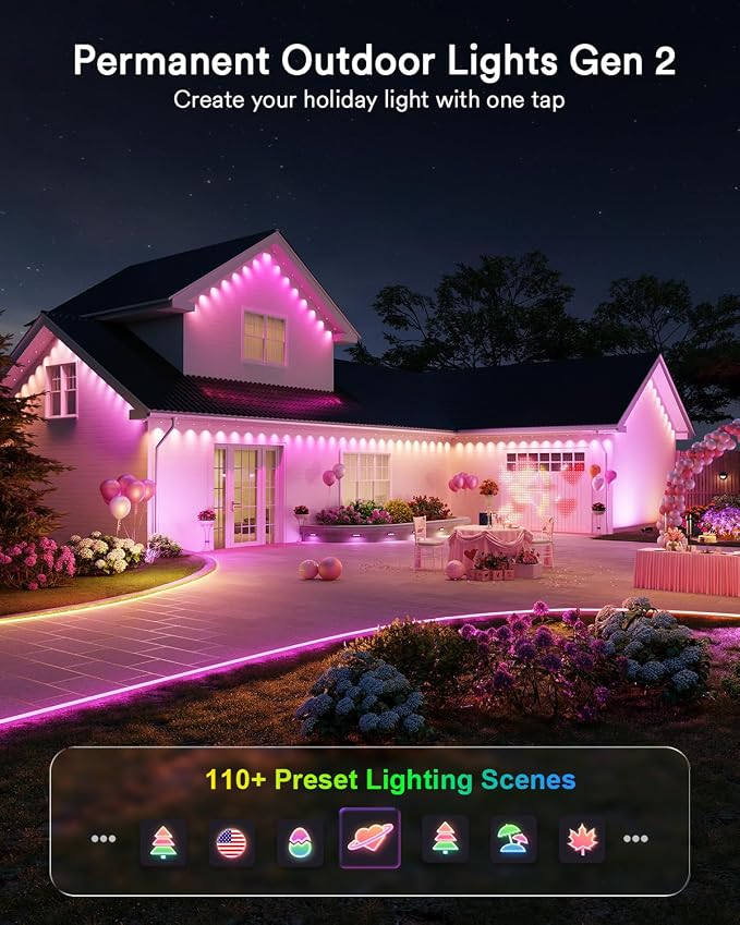 Lumary Permanent Outdoor Lights 2 with Remote, 150ft RGBAICW Outdoor Lights | 16 Million Color, IP 67 Waterproof, Work with Alexa Google, 110+ Scene Modes for Outdoor House Patio Area, 90 RGBAICW LEDs