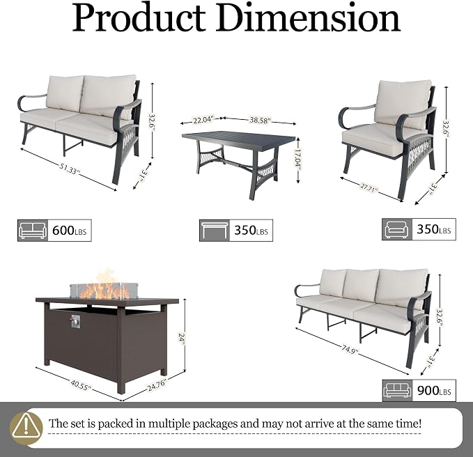 6-Piece Outdoor Furniture Set, Patio Conversation Set Include 3-Seater Sofa Single Chairs Loveseat Couch with Coffee Table and Fire Pit Table for Deck, Porch (Beige Cushions)