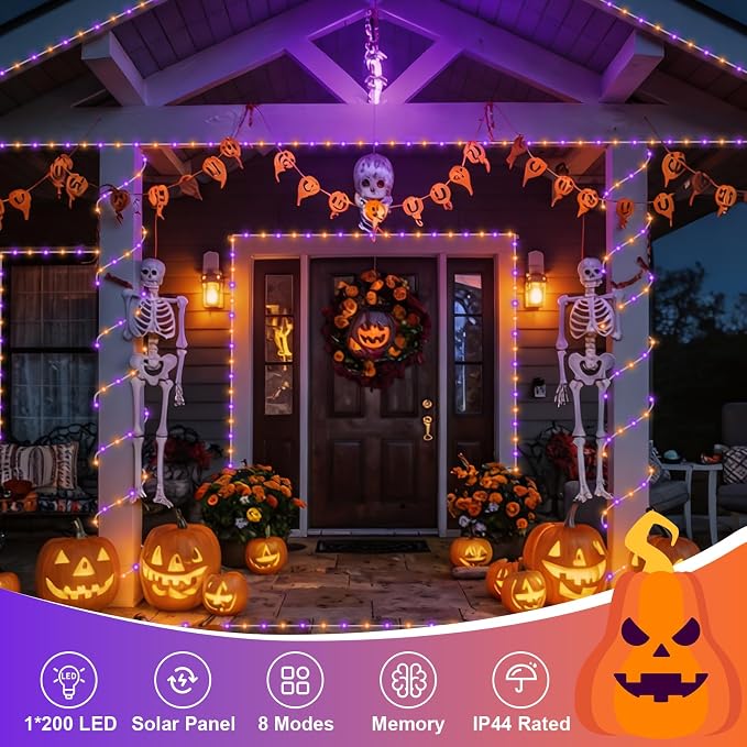 QITONG Orange and Purple Solar Halloween Lights, 66ft 200 LED Solar Rope Lights Outdoor Waterproof, 8 Modes Clear PVC Tube Light Outdoor Waterproof