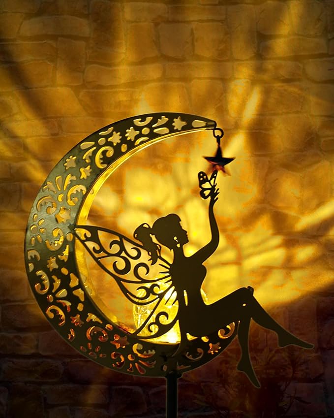 Vuees Solar Fairy Moon Garden Stake Light, Outdoor Yard Patio Decor Gift | Auto dusk glow; no wiring; rust-resistant metal; warm patterned reflections; pathway, lawn and backyard accent