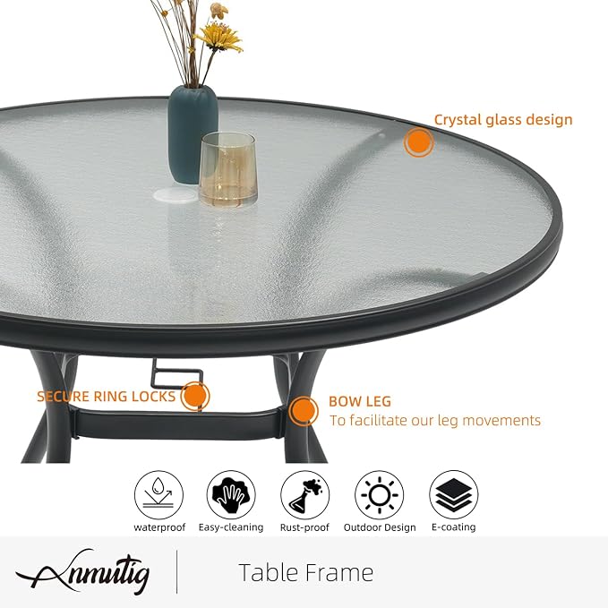 Outdoor Patio 40" Round Glass Table and Navy Stackable Chairs Dining Set 5 | 4 Piece Stackable Chairs Textilene Seat and Back, Table and Chair with Metal Frame, Round Glass Table Top, 1.7" Umbrella Hole