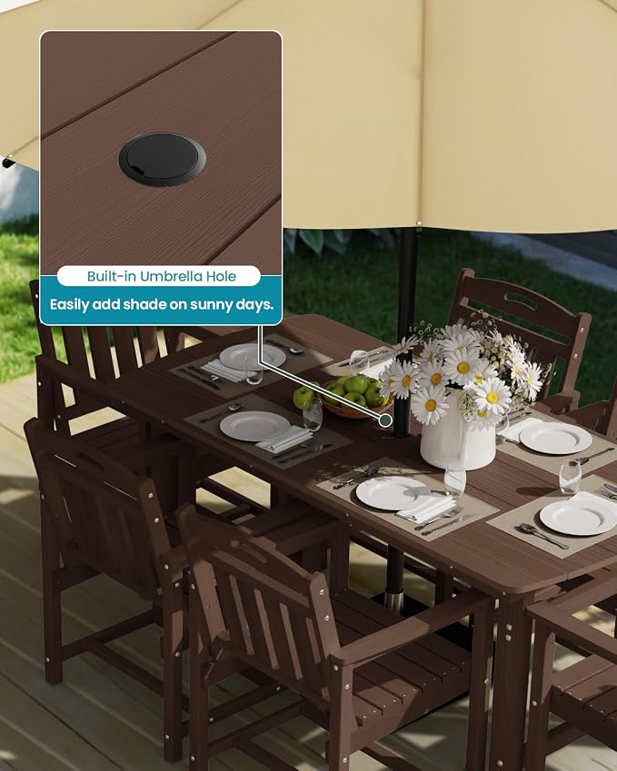 Ciokea HDPE Outdoor Dining Table with Umbrella Hole,66" Rectangle Patio Table for 6,All-Weather Outdoor Patio Furniture Set for Garden Backyard,Brown