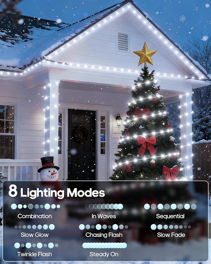 ICRGB Solar Rope Lights Outdoor, 132FT 400 LED (Cool White- 2Pack) | Type C & Solar, With Remote, IP67 Waterproof, 8 Modes, for Outdoor Patio Porch Tree Wedding Christmas Pool Garden Decorative