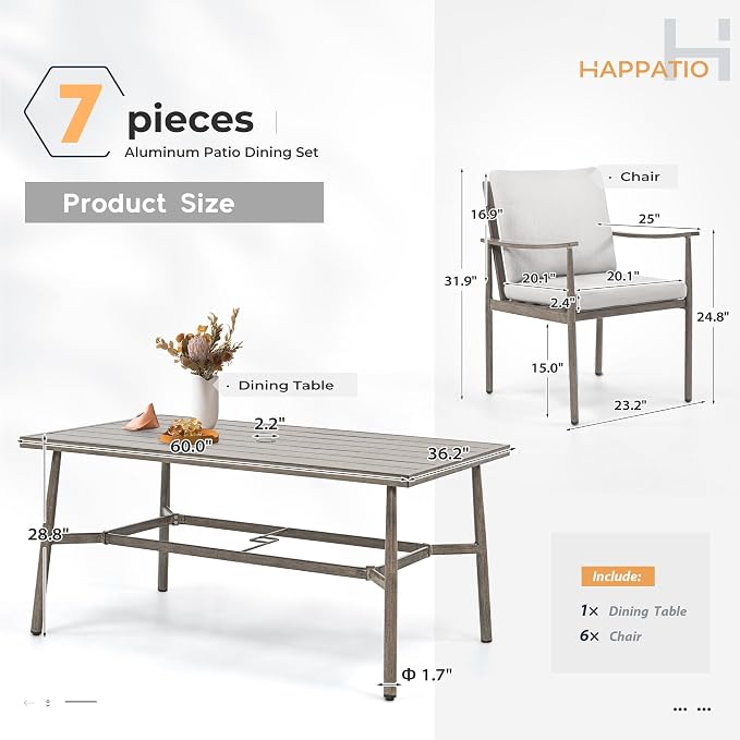 HAPPATIO 7-Piece Outdoor Dining Set for 6, Aluminum Patio Dining Set Includes 6 Dining Chairs and 1 Large Rectangular Table with Umbrella Hole, Patio Furniture Set for Lawn, Porch, Backyard, Grey