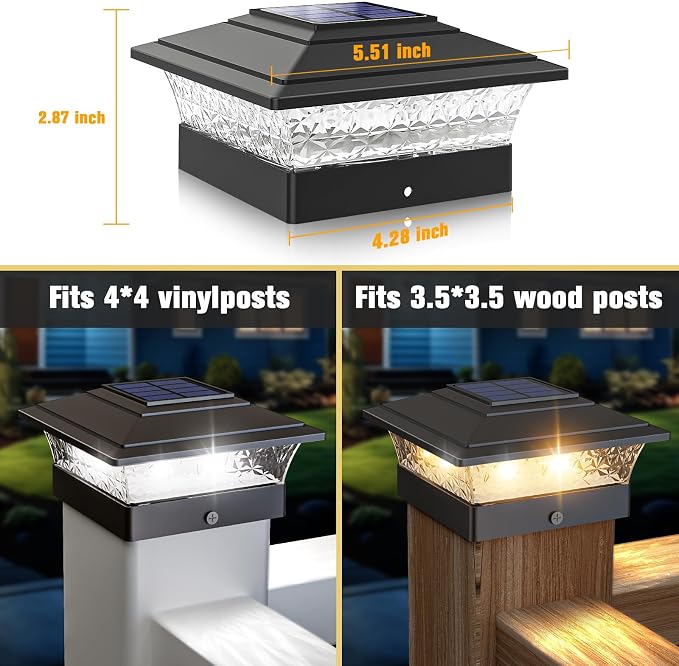 Solar Post Cap Lights Outdoor 6pack, Waterproof Fence Post Lights with 16 Ultra Bright LEDs Fit 4x4 Wood/Vinyl Posts, Black Deck Post Lights with Warm/Cool White for Garden, Patio, Porch, Yard