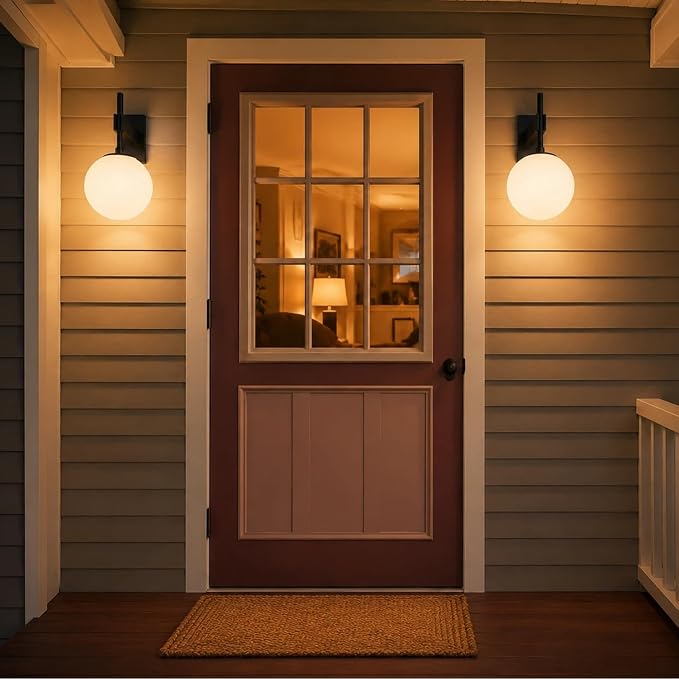 Hyunbae Modern Globe Outdoor Wall Sconce, 18.1" Large Black Porch Lights | E26 Front Porch Light, White Globe Glass Shade, IP65 Waterproof Exterior Lighting Fixtures, Garage Patio Entryway Use