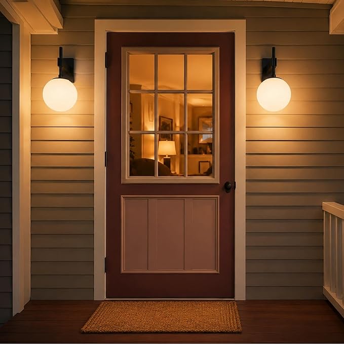 Hyunbae 18.1" Dusk to Dawn Outdoor Wall Sconce, Black Modern Exterior Light | White Globe Glass Shade, E26 Front Porch Light, Photocell Sensor, Garage Patio Entryway Use, IP65 Wall Mount Waterproof