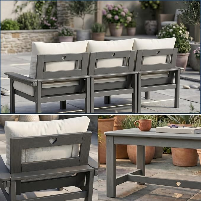 HDPE 3 Piece Patio Furniture Set, All-Weather Outdoor Couch Bistro Set with Thick Cushions & Side Table, Patio Conversation Sets for Lawn, Garden, Porch, Balcony, Deck, Poolside, Grey & Beige