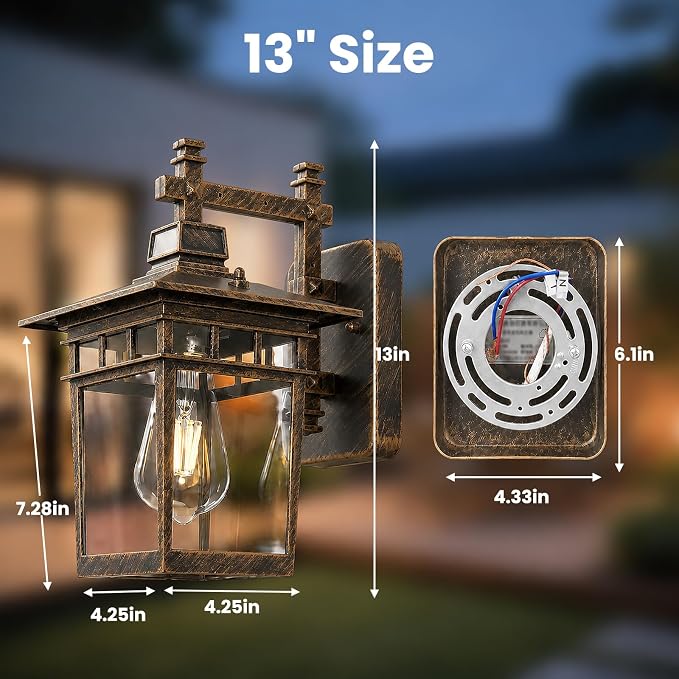 13'' Brown Outdoor Wall Light Fixture, Waterproof Wall Sconce Outdoor Light Fixtures Wall Mount with Clear Glass Lampshade Outdoor Wall Mounted Porch Lights for House, Garage, Patio
